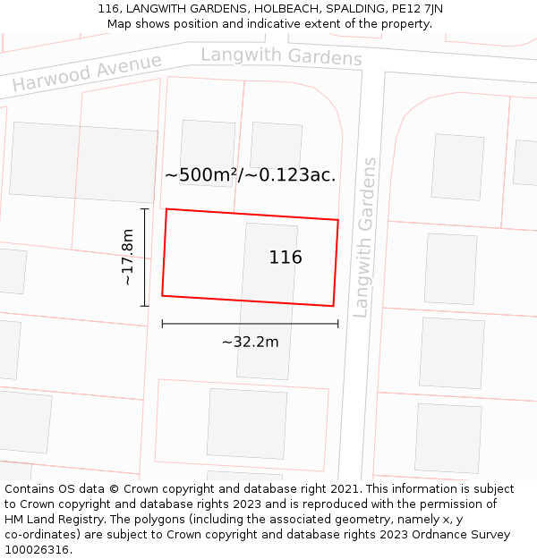 116, LANGWITH GARDENS, HOLBEACH, SPALDING, PE12 7JN: Plot and title map
