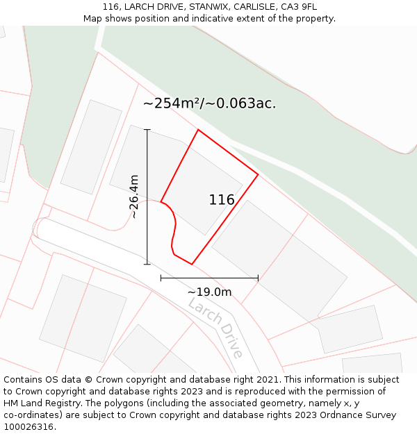 116, LARCH DRIVE, STANWIX, CARLISLE, CA3 9FL: Plot and title map