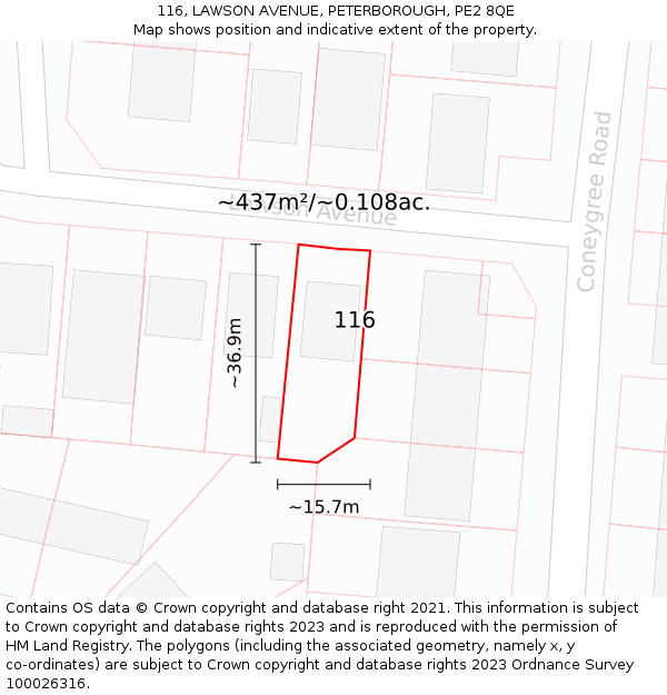116, LAWSON AVENUE, PETERBOROUGH, PE2 8QE: Plot and title map
