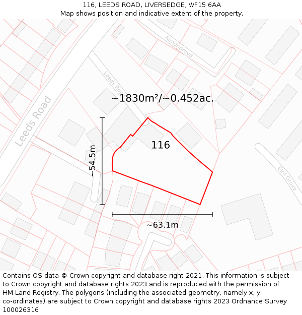 116, LEEDS ROAD, LIVERSEDGE, WF15 6AA: Plot and title map