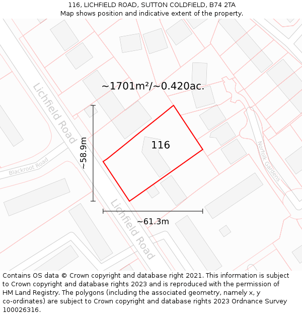116, LICHFIELD ROAD, SUTTON COLDFIELD, B74 2TA: Plot and title map
