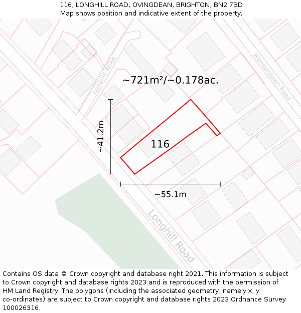 116, LONGHILL ROAD, OVINGDEAN, BRIGHTON, BN2 7BD: Plot and title map