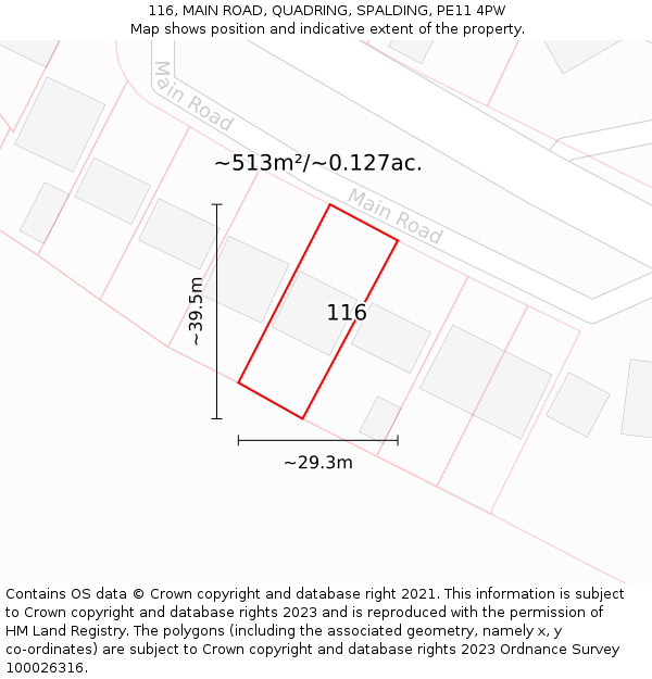 116, MAIN ROAD, QUADRING, SPALDING, PE11 4PW: Plot and title map