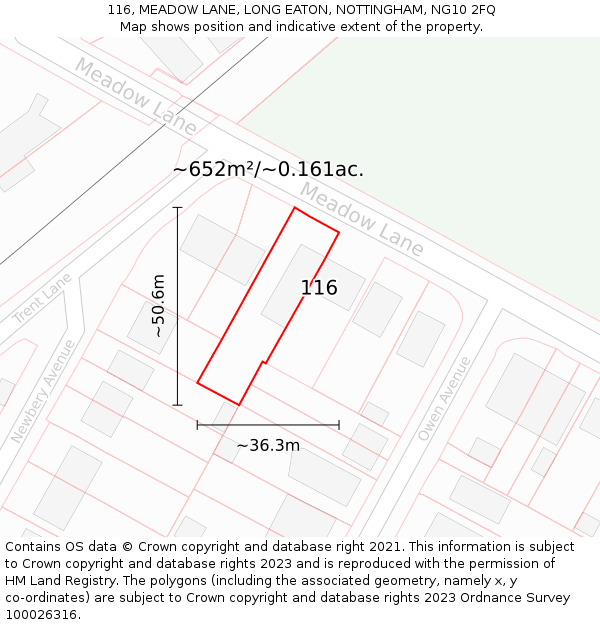 116, MEADOW LANE, LONG EATON, NOTTINGHAM, NG10 2FQ: Plot and title map