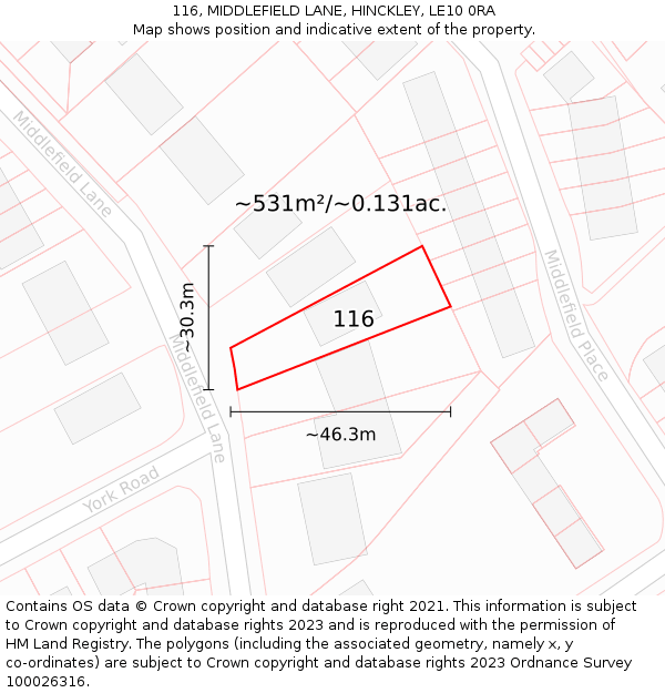 116, MIDDLEFIELD LANE, HINCKLEY, LE10 0RA: Plot and title map