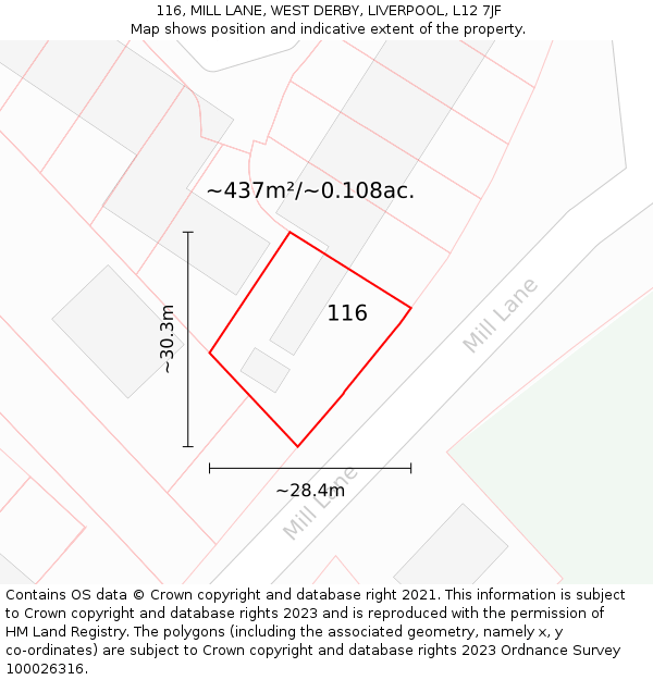 116, MILL LANE, WEST DERBY, LIVERPOOL, L12 7JF: Plot and title map
