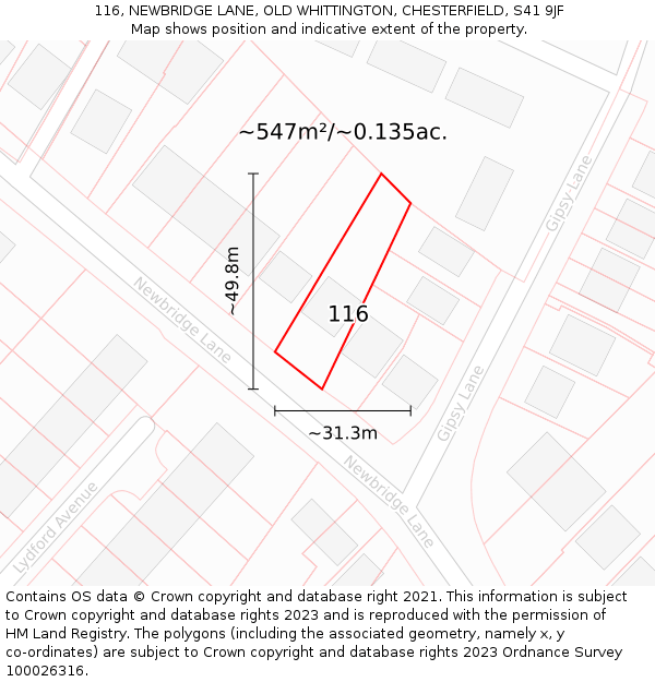116, NEWBRIDGE LANE, OLD WHITTINGTON, CHESTERFIELD, S41 9JF: Plot and title map