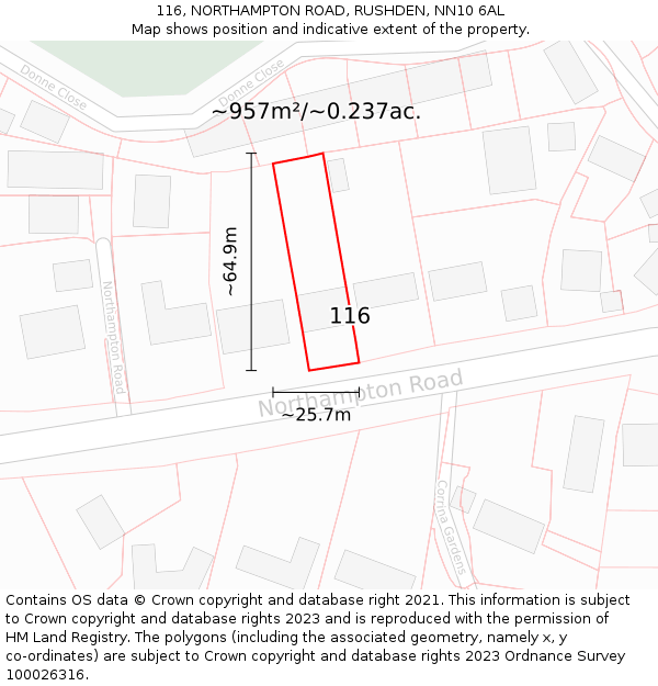 116, NORTHAMPTON ROAD, RUSHDEN, NN10 6AL: Plot and title map