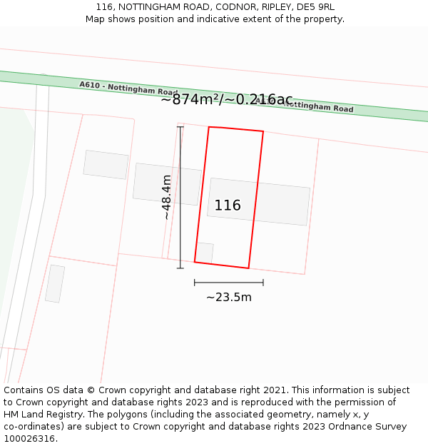 116, NOTTINGHAM ROAD, CODNOR, RIPLEY, DE5 9RL: Plot and title map