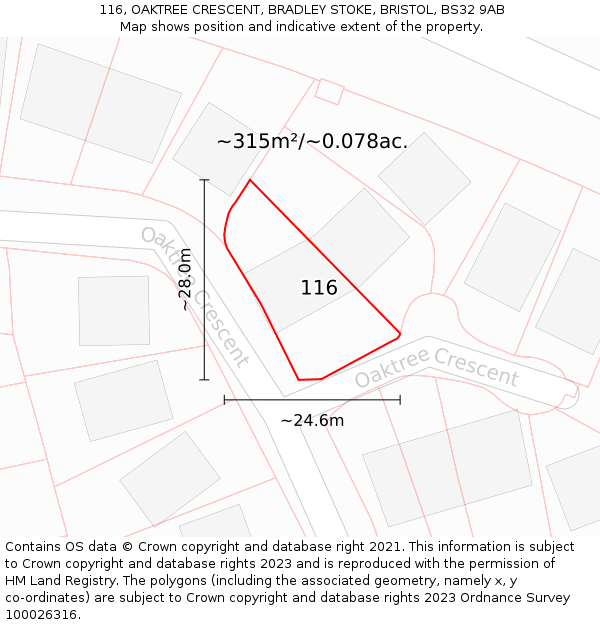 116, OAKTREE CRESCENT, BRADLEY STOKE, BRISTOL, BS32 9AB: Plot and title map
