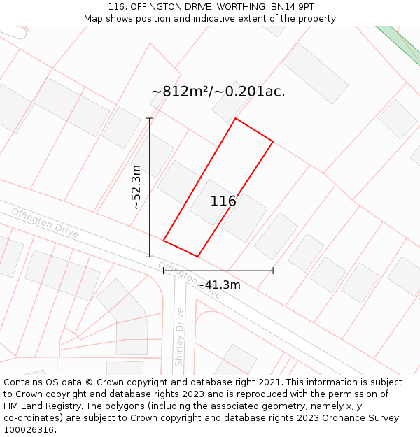 116, OFFINGTON DRIVE, WORTHING, BN14 9PT: Plot and title map