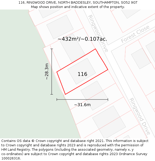 116, RINGWOOD DRIVE, NORTH BADDESLEY, SOUTHAMPTON, SO52 9GT: Plot and title map