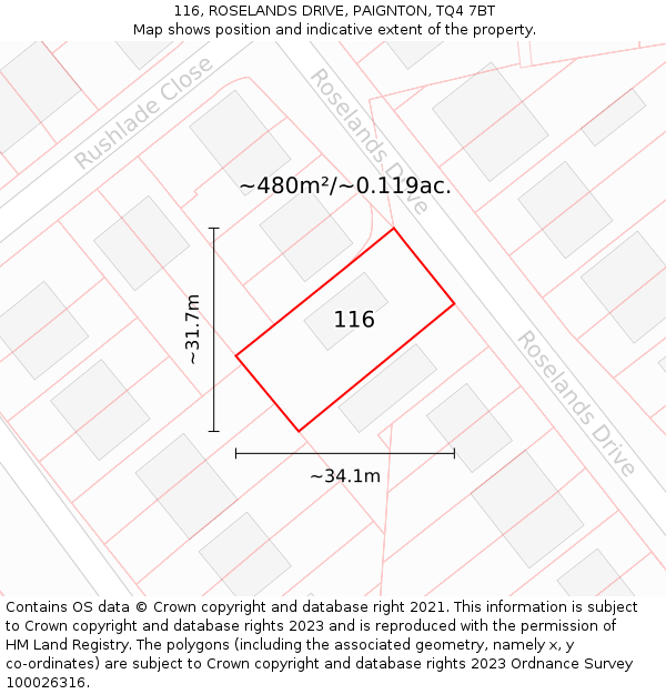 116, ROSELANDS DRIVE, PAIGNTON, TQ4 7BT: Plot and title map