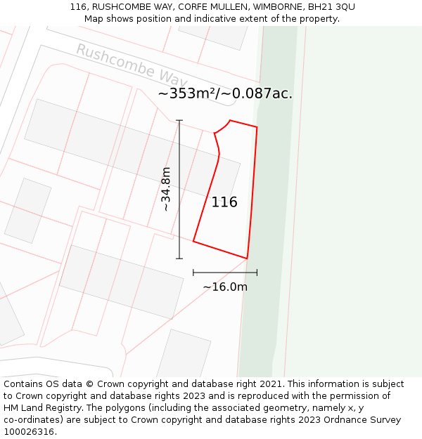 116, RUSHCOMBE WAY, CORFE MULLEN, WIMBORNE, BH21 3QU: Plot and title map