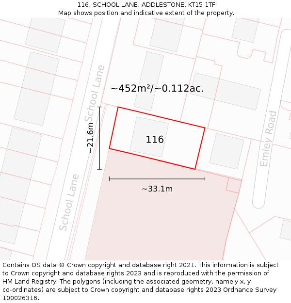116, SCHOOL LANE, ADDLESTONE, KT15 1TF: Plot and title map