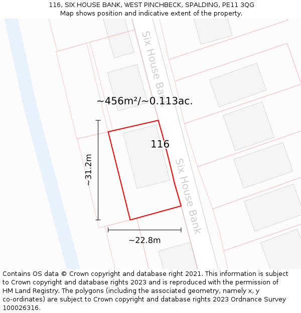 116, SIX HOUSE BANK, WEST PINCHBECK, SPALDING, PE11 3QG: Plot and title map