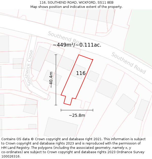116, SOUTHEND ROAD, WICKFORD, SS11 8EB: Plot and title map
