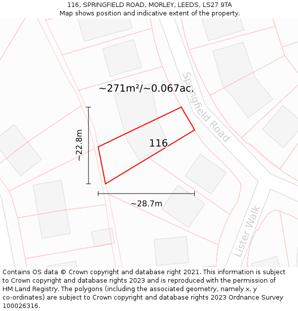 116, SPRINGFIELD ROAD, MORLEY, LEEDS, LS27 9TA: Plot and title map