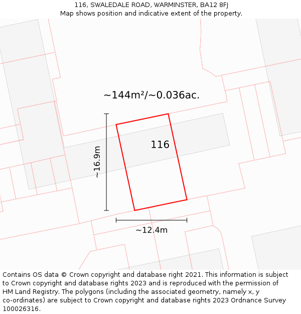 116, SWALEDALE ROAD, WARMINSTER, BA12 8FJ: Plot and title map