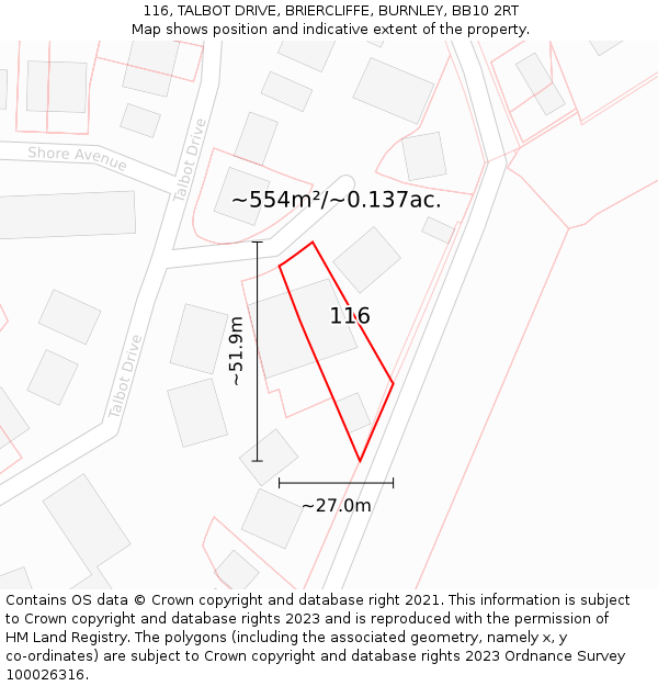 116, TALBOT DRIVE, BRIERCLIFFE, BURNLEY, BB10 2RT: Plot and title map