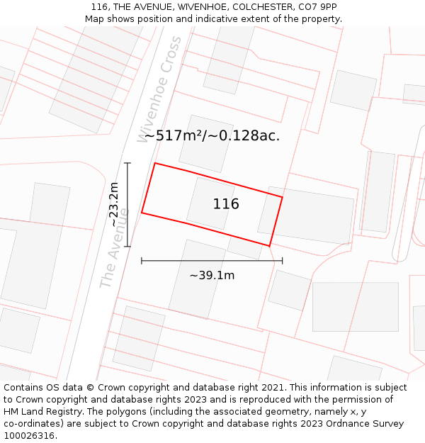 116, THE AVENUE, WIVENHOE, COLCHESTER, CO7 9PP: Plot and title map