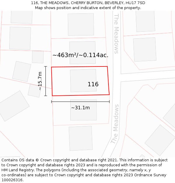 116, THE MEADOWS, CHERRY BURTON, BEVERLEY, HU17 7SD: Plot and title map