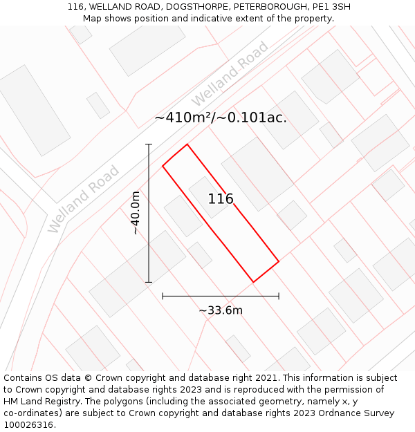 116, WELLAND ROAD, DOGSTHORPE, PETERBOROUGH, PE1 3SH: Plot and title map