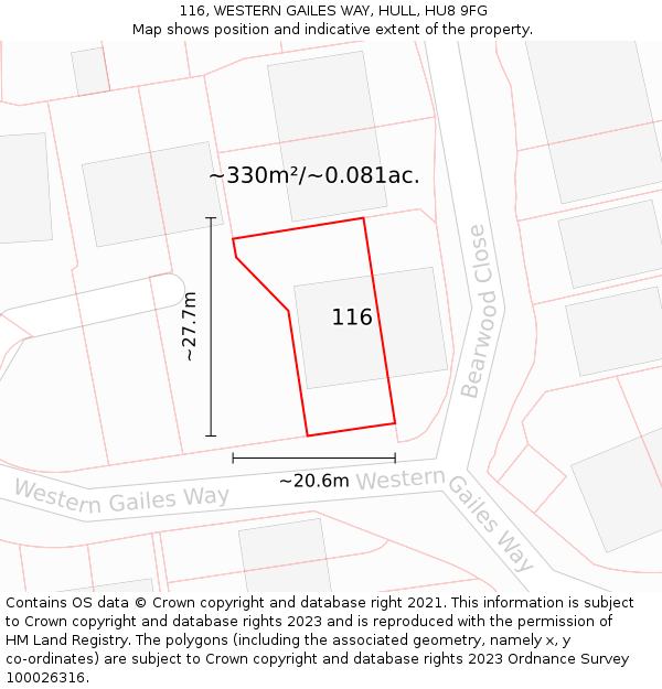 116, WESTERN GAILES WAY, HULL, HU8 9FG: Plot and title map
