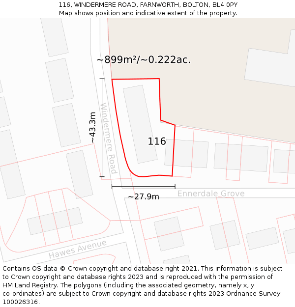 116, WINDERMERE ROAD, FARNWORTH, BOLTON, BL4 0PY: Plot and title map