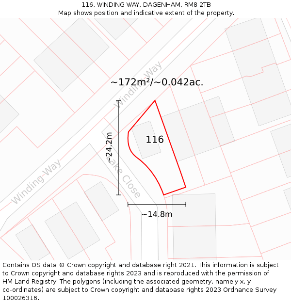 116, WINDING WAY, DAGENHAM, RM8 2TB: Plot and title map