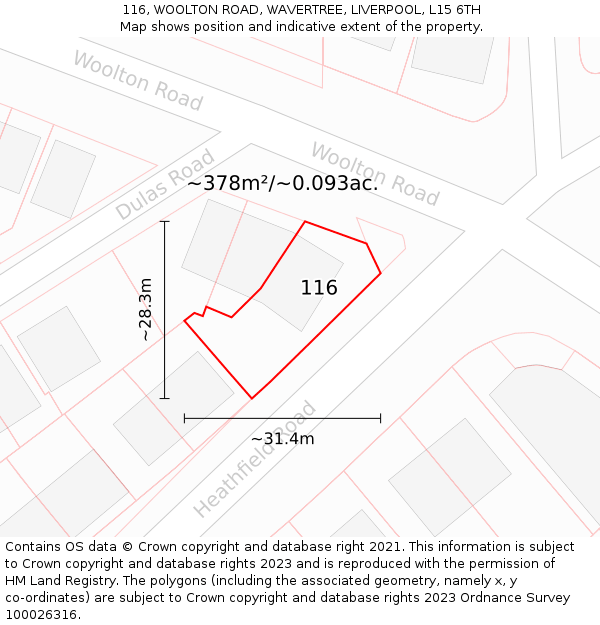 116, WOOLTON ROAD, WAVERTREE, LIVERPOOL, L15 6TH: Plot and title map