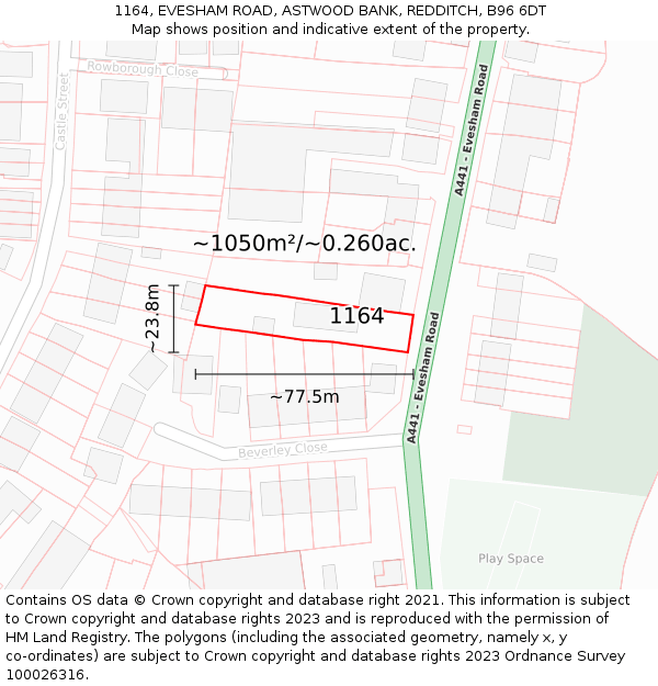 1164, EVESHAM ROAD, ASTWOOD BANK, REDDITCH, B96 6DT: Plot and title map