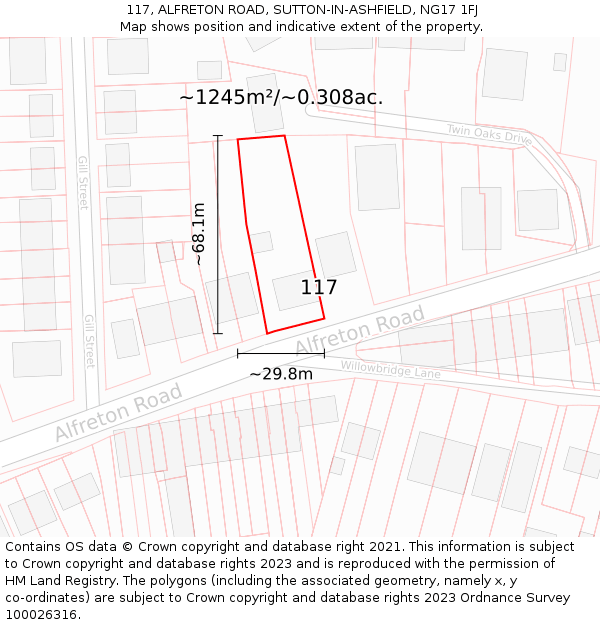117, ALFRETON ROAD, SUTTON-IN-ASHFIELD, NG17 1FJ: Plot and title map