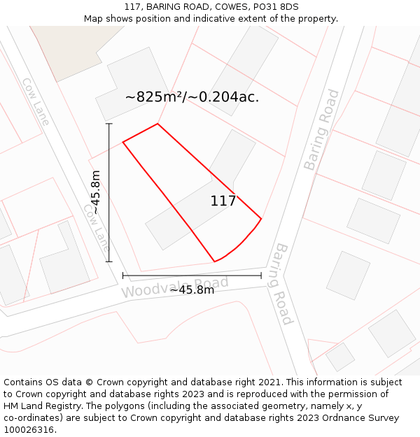 117, BARING ROAD, COWES, PO31 8DS: Plot and title map