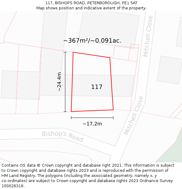 117, BISHOPS ROAD, PETERBOROUGH, PE1 5AT: Plot and title map