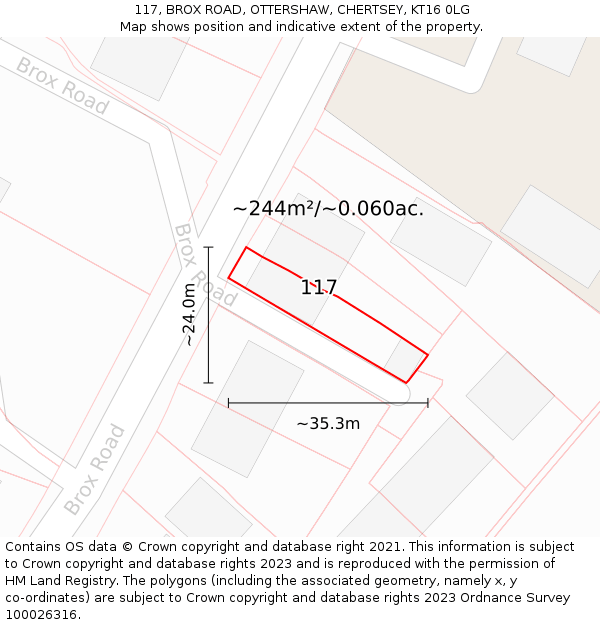 117, BROX ROAD, OTTERSHAW, CHERTSEY, KT16 0LG: Plot and title map