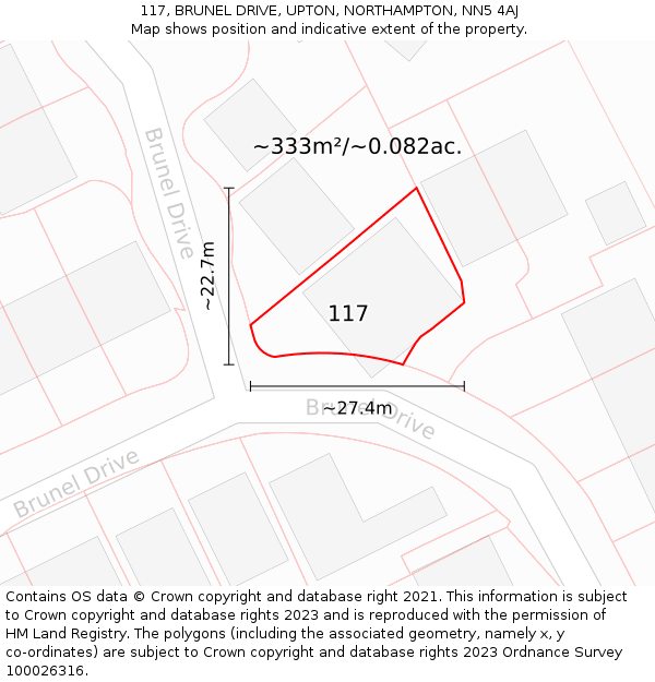 117, BRUNEL DRIVE, UPTON, NORTHAMPTON, NN5 4AJ: Plot and title map