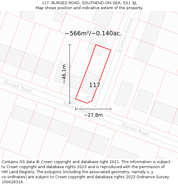117, BURGES ROAD, SOUTHEND-ON-SEA, SS1 3JL: Plot and title map