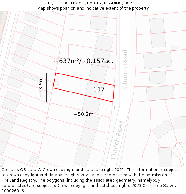 117, CHURCH ROAD, EARLEY, READING, RG6 1HG: Plot and title map