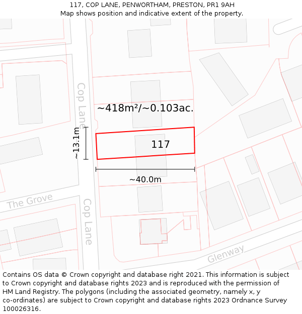 117, COP LANE, PENWORTHAM, PRESTON, PR1 9AH: Plot and title map