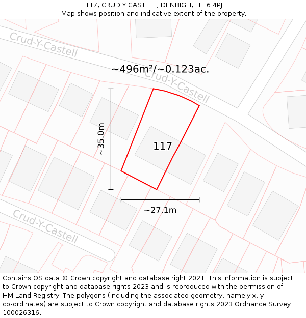 117, CRUD Y CASTELL, DENBIGH, LL16 4PJ: Plot and title map