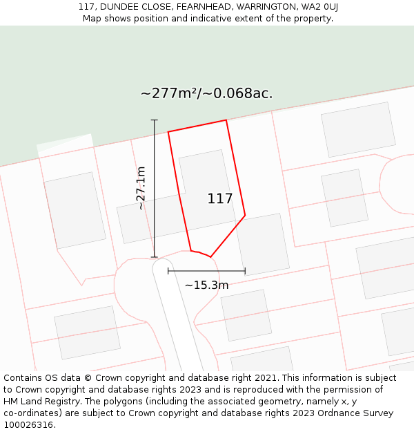 117, DUNDEE CLOSE, FEARNHEAD, WARRINGTON, WA2 0UJ: Plot and title map