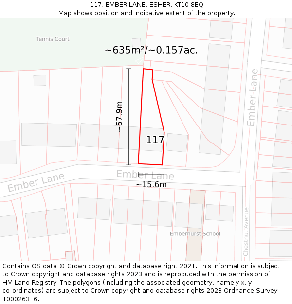 117, EMBER LANE, ESHER, KT10 8EQ: Plot and title map