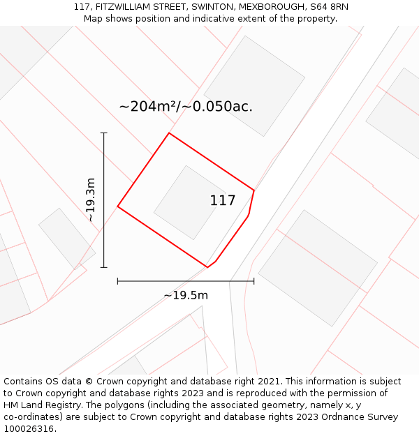 117, FITZWILLIAM STREET, SWINTON, MEXBOROUGH, S64 8RN: Plot and title map