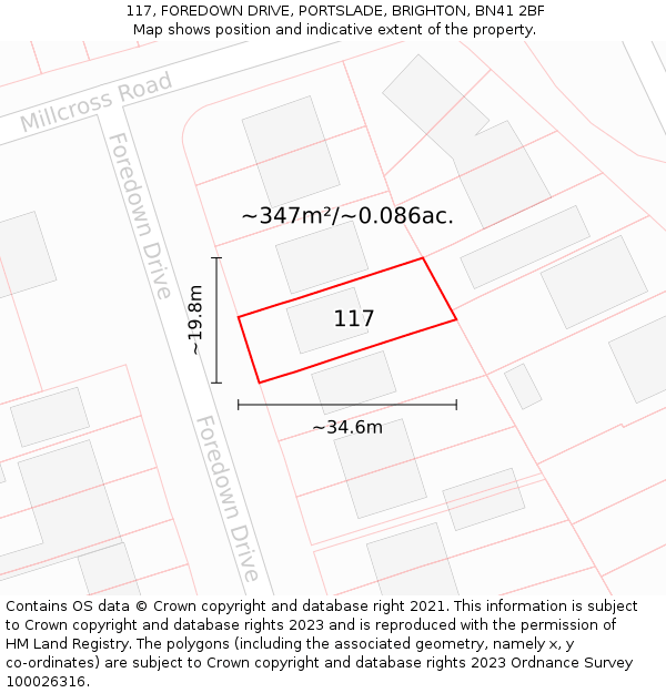 117, FOREDOWN DRIVE, PORTSLADE, BRIGHTON, BN41 2BF: Plot and title map