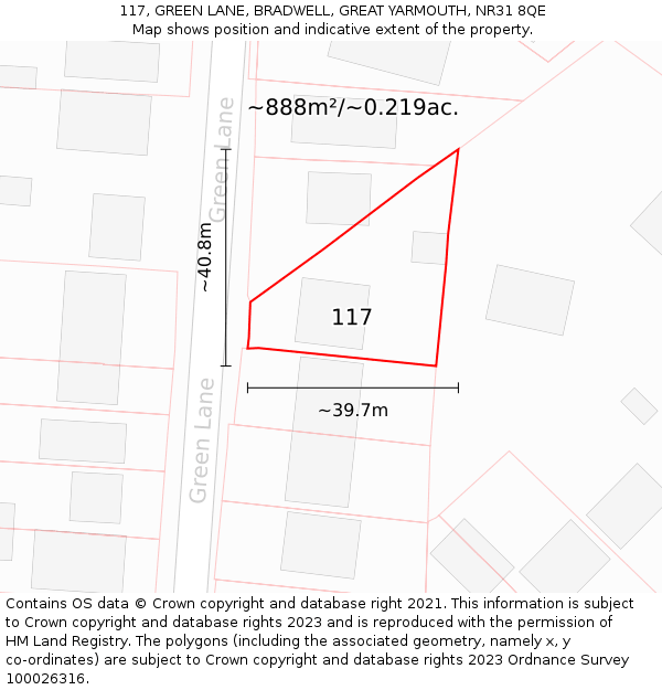 117, GREEN LANE, BRADWELL, GREAT YARMOUTH, NR31 8QE: Plot and title map