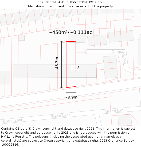 117, GREEN LANE, SHEPPERTON, TW17 8DU: Plot and title map