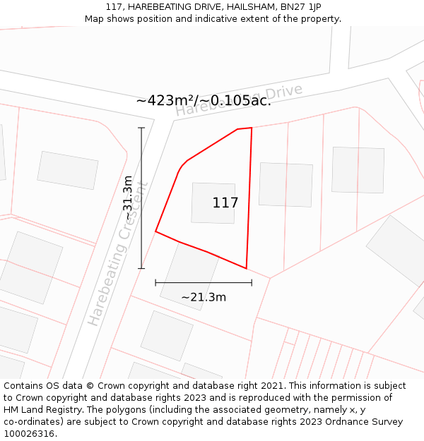 117, HAREBEATING DRIVE, HAILSHAM, BN27 1JP: Plot and title map