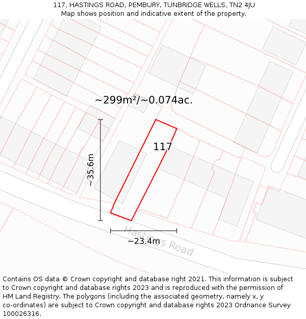 117, HASTINGS ROAD, PEMBURY, TUNBRIDGE WELLS, TN2 4JU: Plot and title map