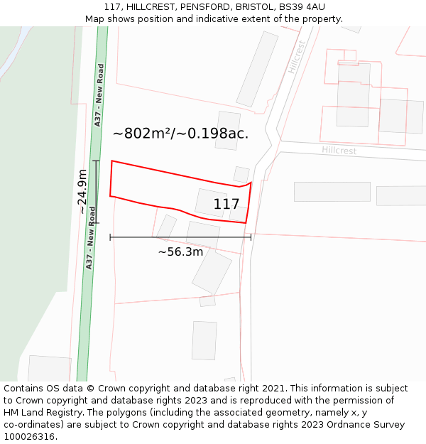 117, HILLCREST, PENSFORD, BRISTOL, BS39 4AU: Plot and title map